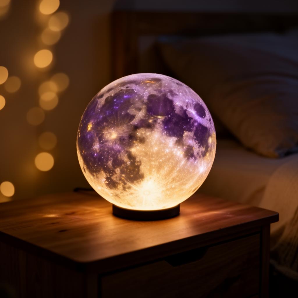 Galaxy Moon Lamp glowing warmly in a dim bedroom